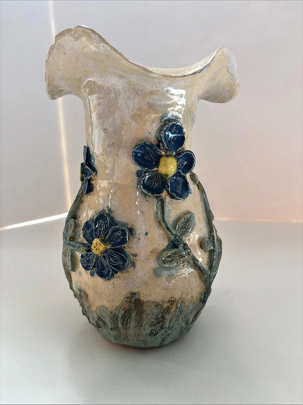 Handmade Floral Ceramic Vase Cream & Blue